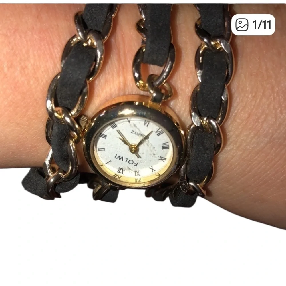 Quartz Black chain Wrap Watch gold and suede w/ lobster clasp